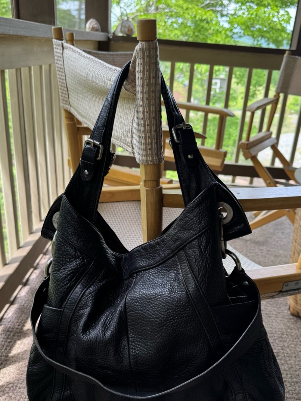 b. makowsky Black Pebbled Leather Shoulder Bag with Front Zips - Picture 6 of 7